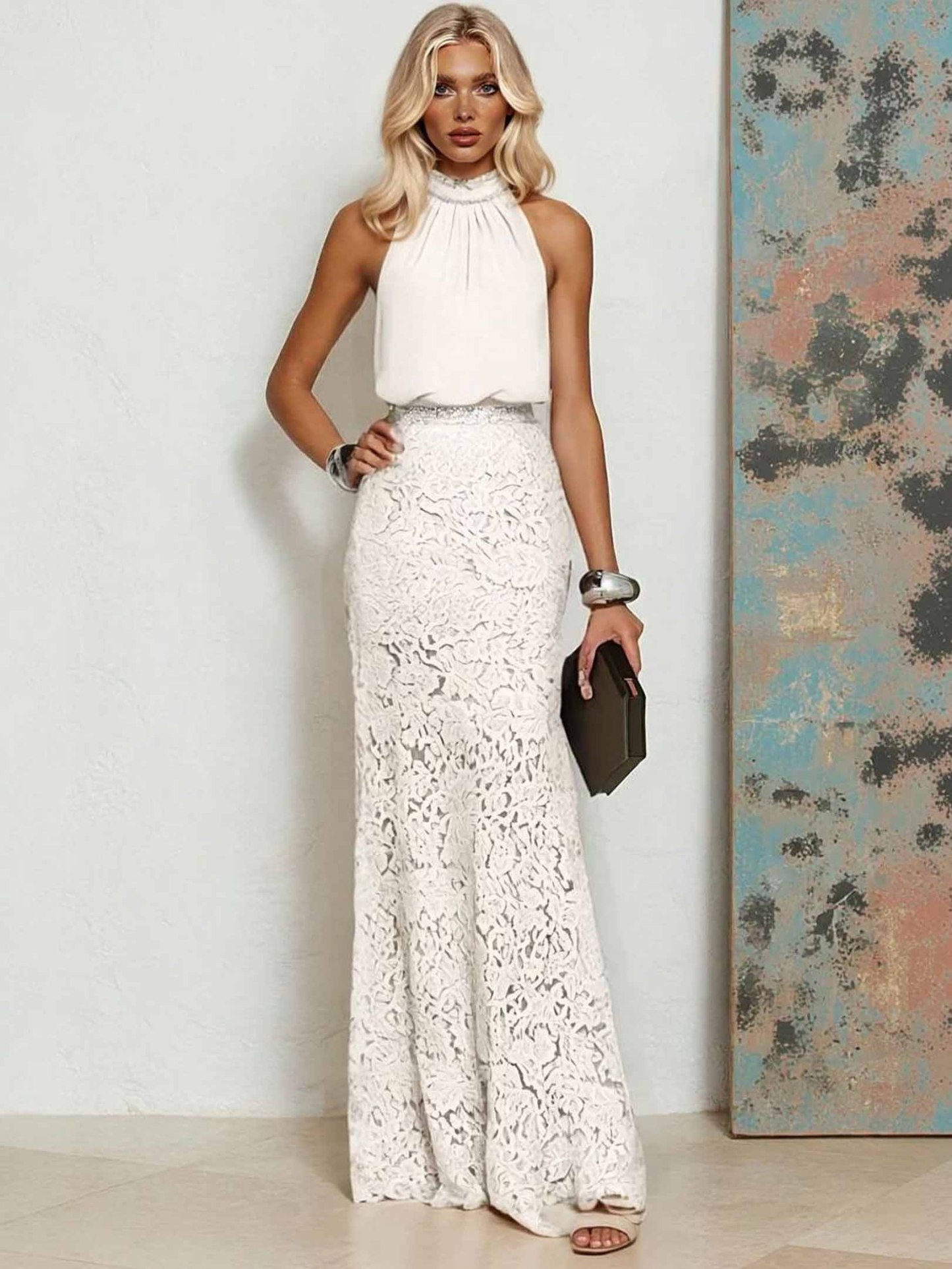 Elegant Chiffon Lace Backless Mermaid Maxi Dress