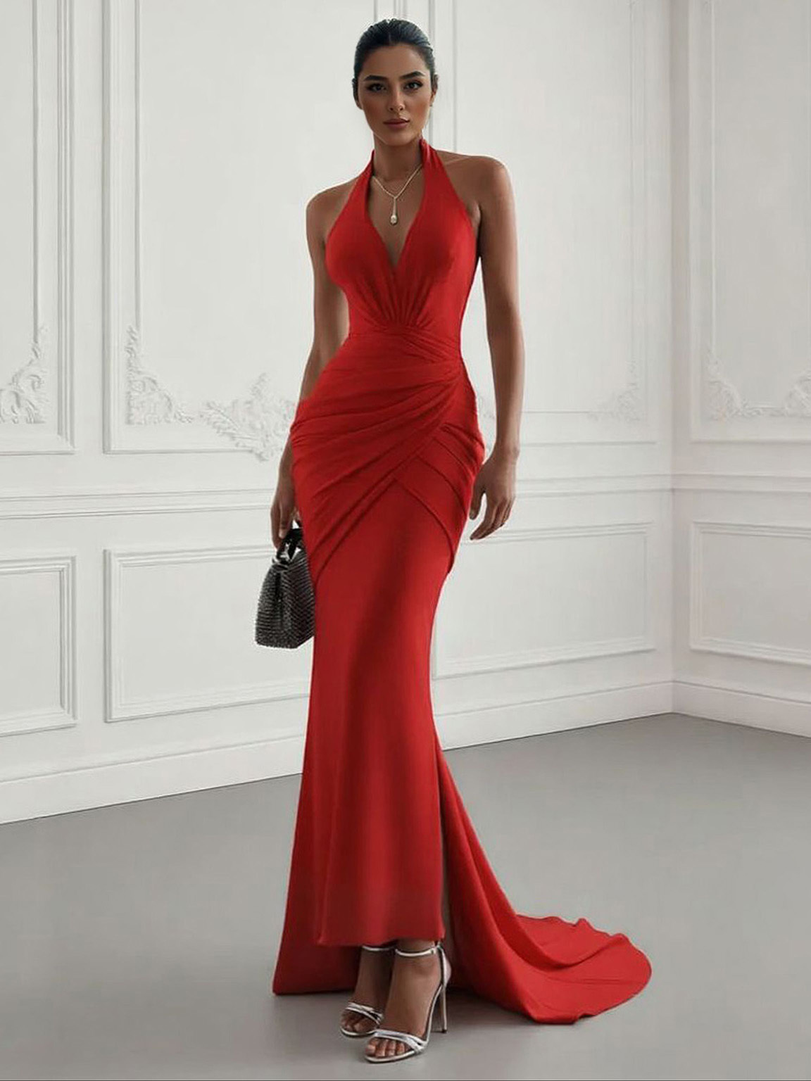 Elegant Halter Neck Ruched Mermaid Maxi Dress