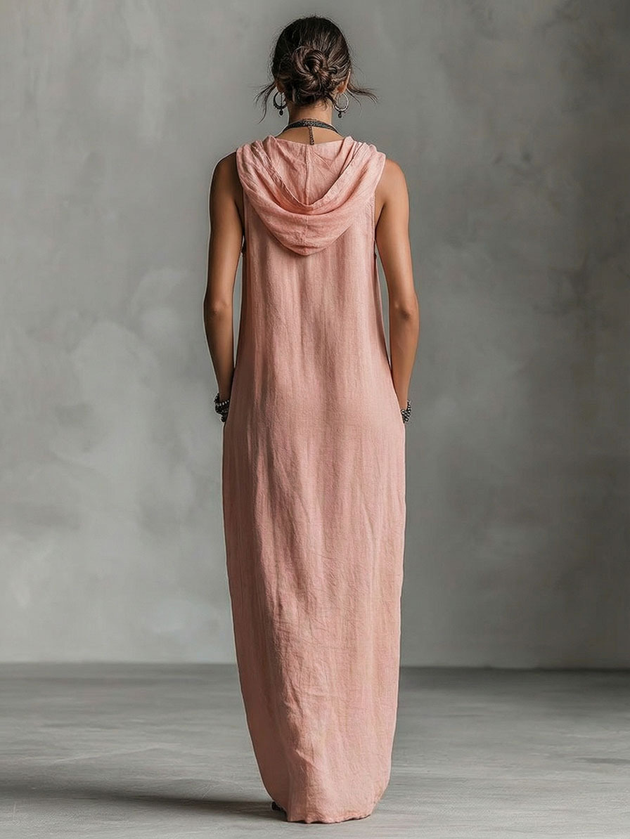 Bohemian Casual Hooded Front-Button Maxi Dress