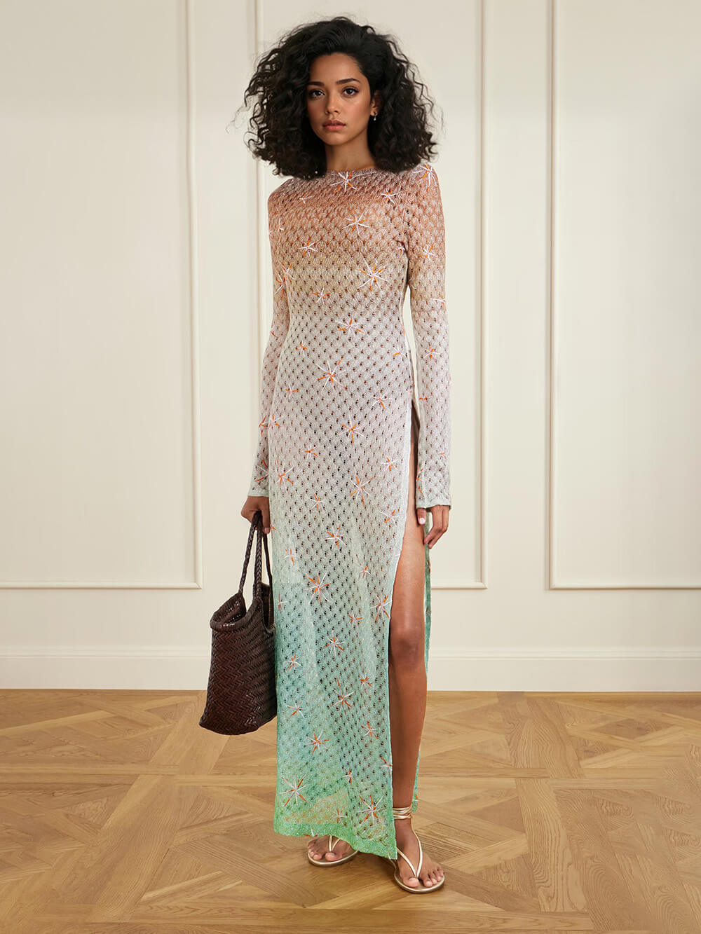 Sexy Backless Gradient Embroidered Metal Hook Crochet Maxi Dress