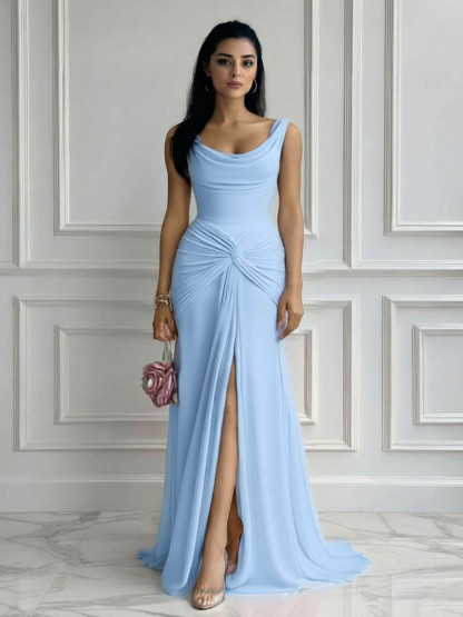 Elegant Pleated Twist-Front High-Slit Maxi Dress