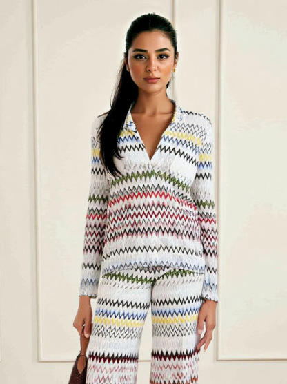 Geometric Zigzag Print Long-Sleeve V-Neck Top