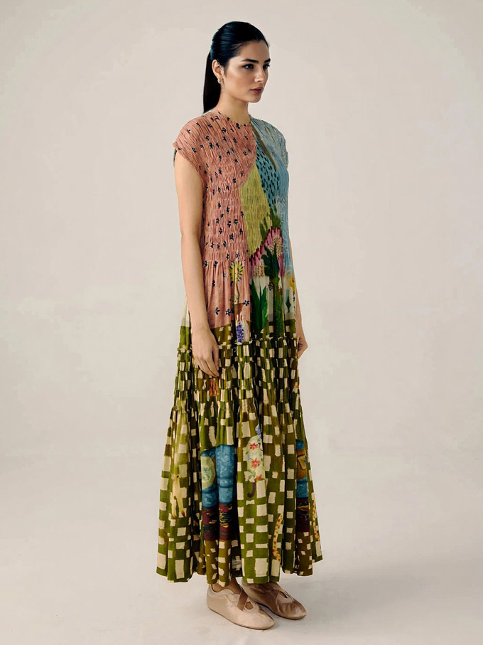 Retro Pleated Print Maxi Dress