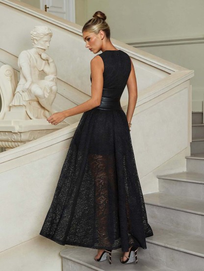 Elegant Cutout Neck Lace A-Line Maxi Dress