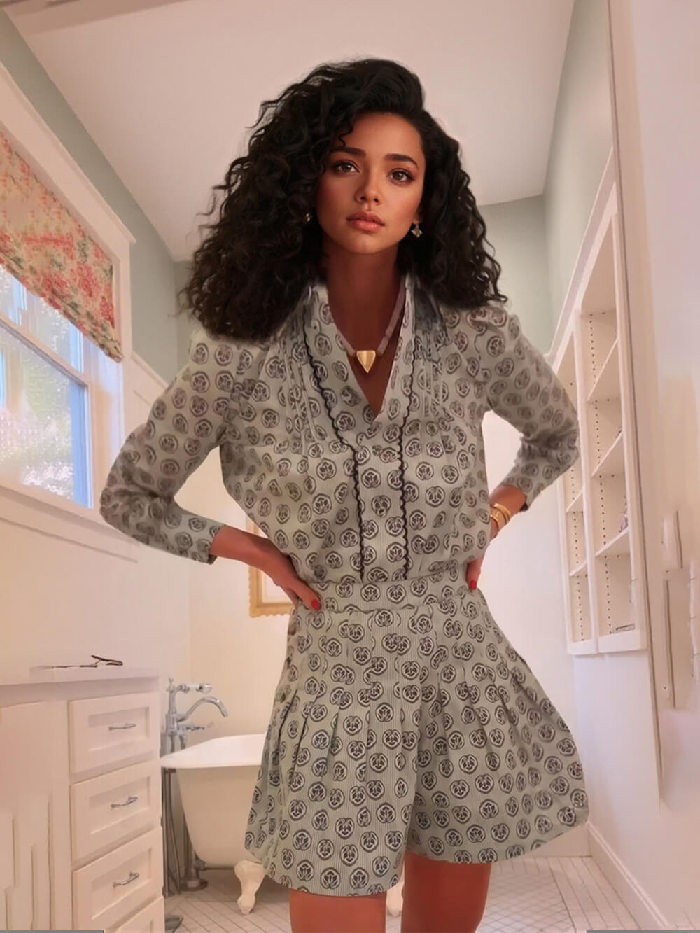 Retro Print Collared Long-Sleeve Shirt and High-Waisted Shorts Set