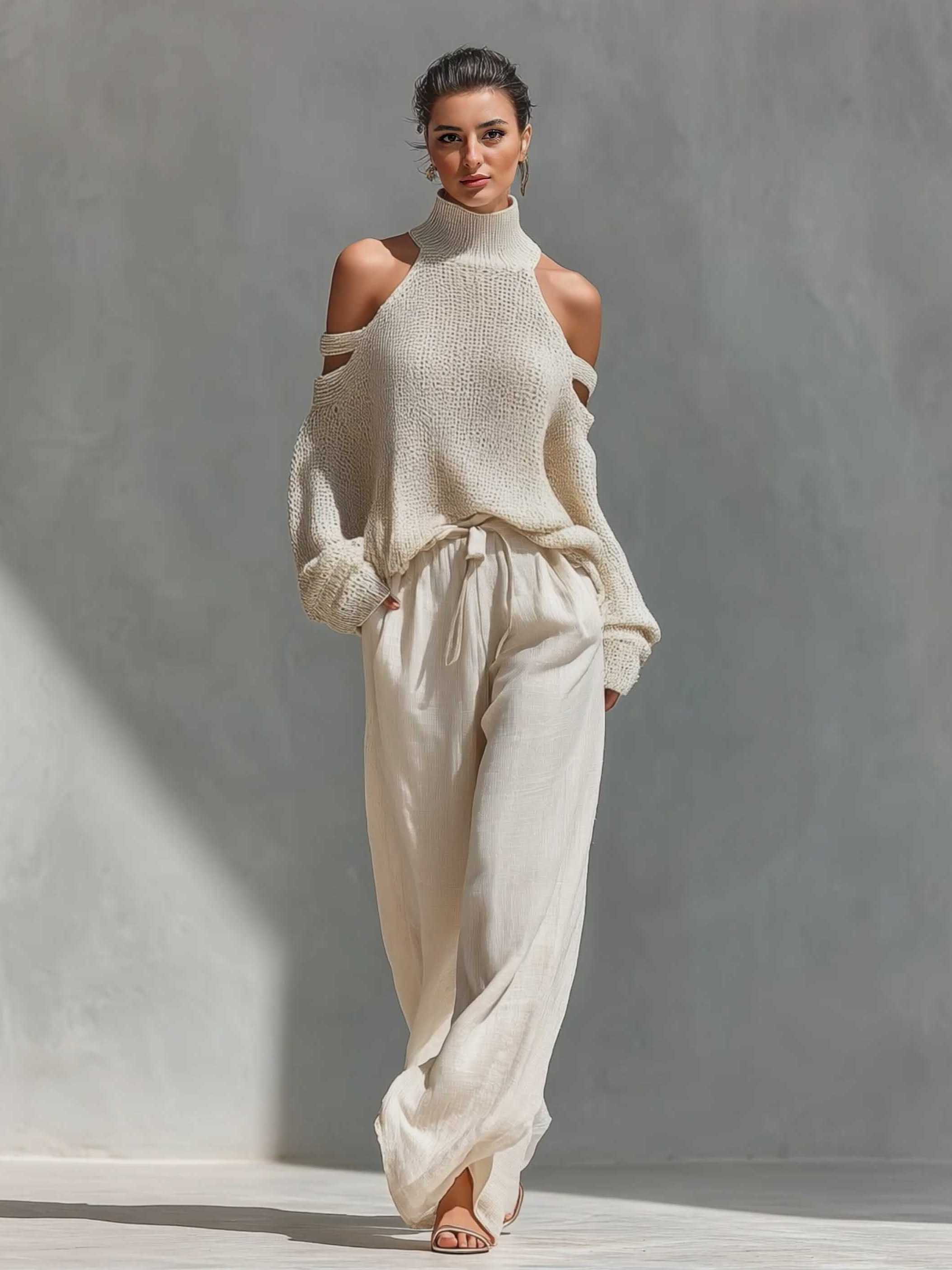 Casual Open-shoulder Knitted Top Wide-leg Pants Two-piece Set
