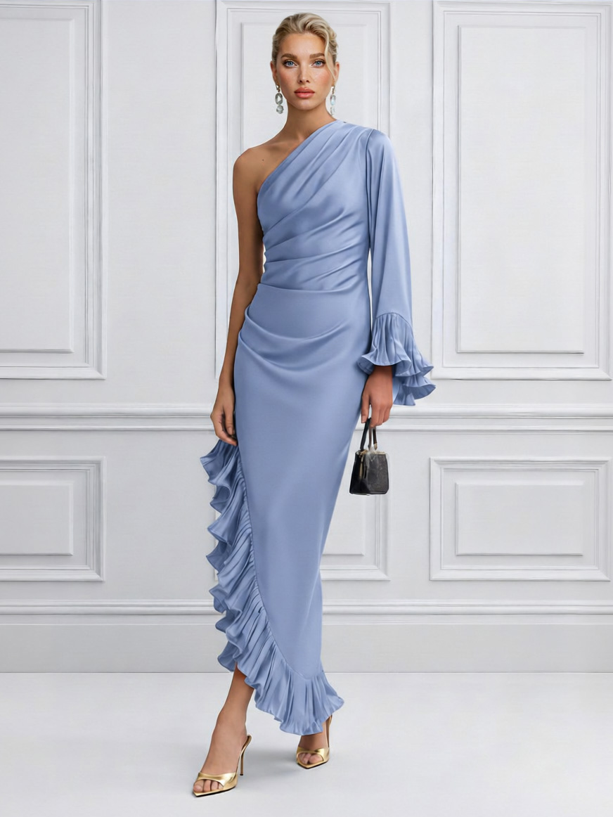 One-Shoulder Ruffle Trim Satin Maxi Dress