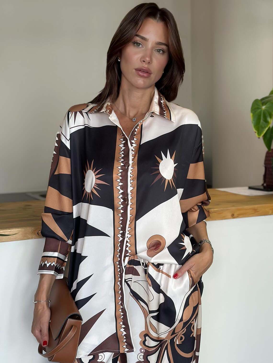 Unique Abstract Sun Print Satin Shirt