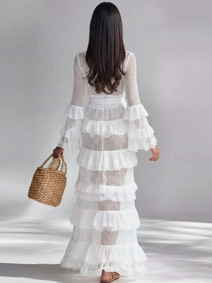 Bohemian Sheer Lace Ruffle Wrap Maxi Dress