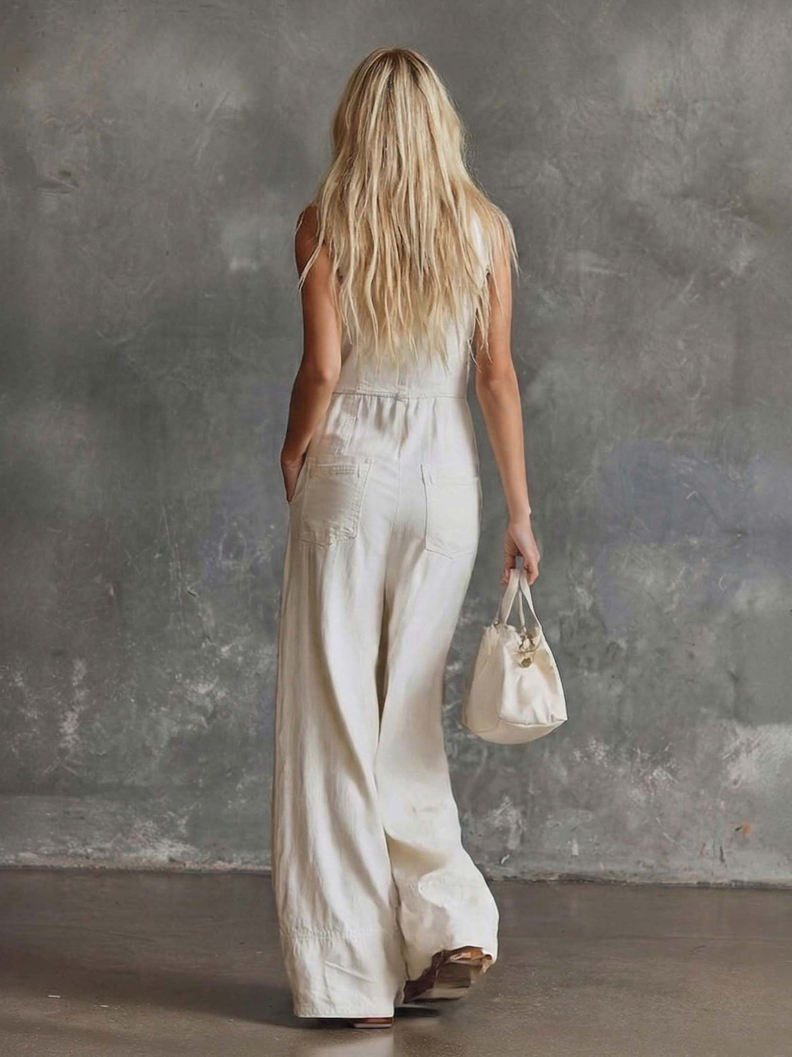 Resort Style Sleeveless Button-Up Wide-Leg Jumpsuit