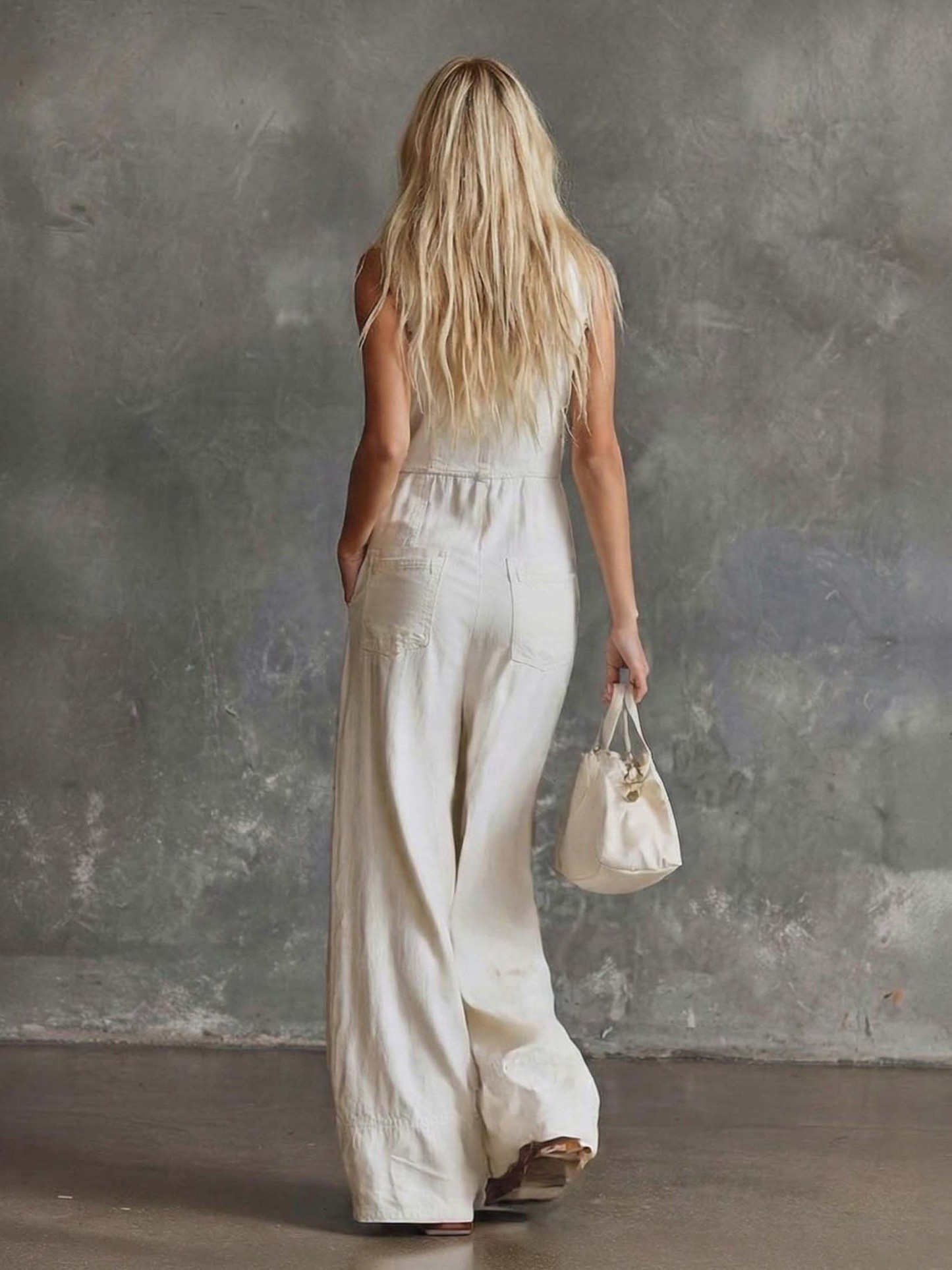 Resort Style Sleeveless Button-Up Wide-Leg Jumpsuit