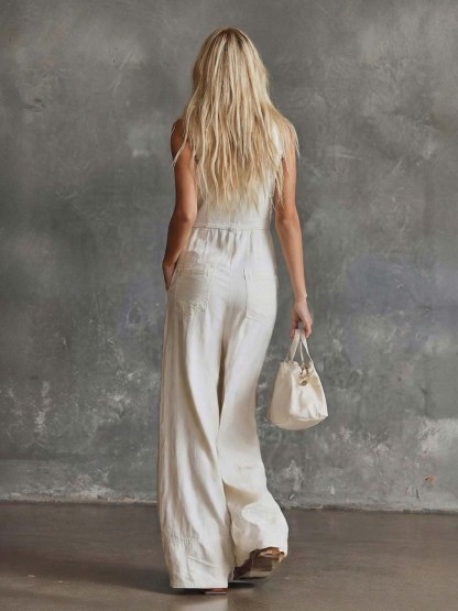 Resort Style Sleeveless Button-Up Wide-Leg Jumpsuit