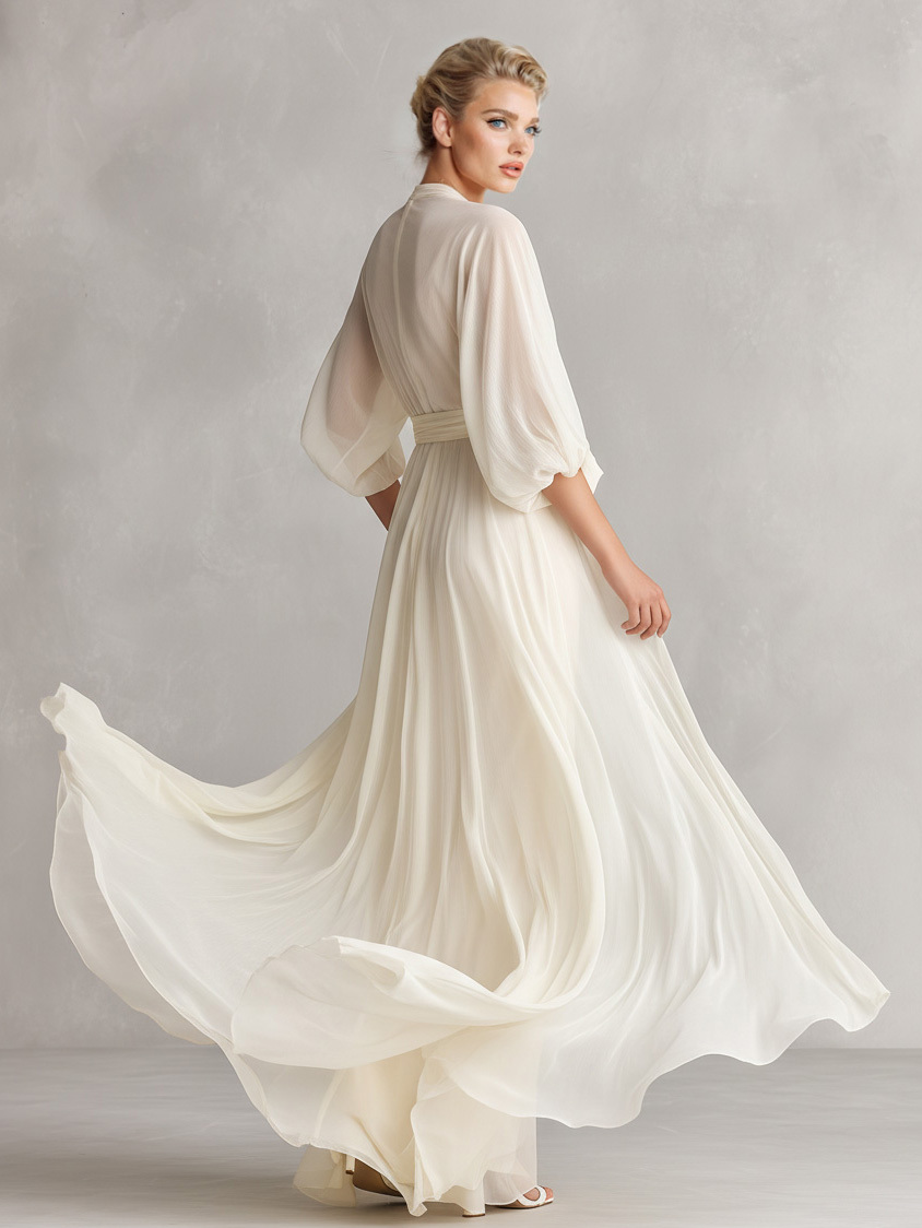 Elegant Chiffon Puff-Sleeve Wrap Maxi Dress