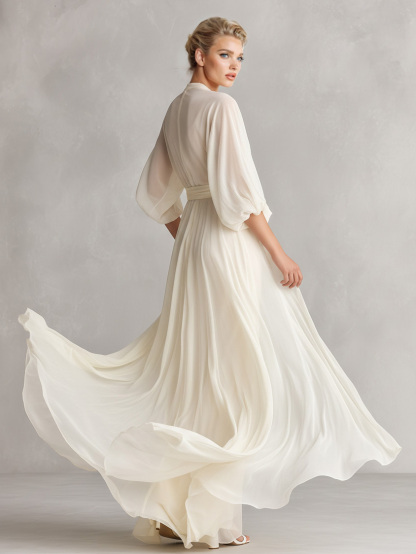 Elegant Chiffon Puff-Sleeve Wrap Maxi Dress