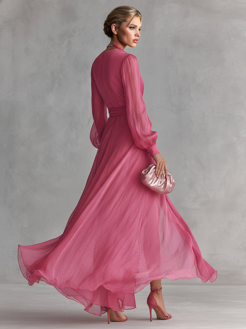 Elegant Pearl-Embellished Chiffon V-Neck Tie-Waist Maxi Dress