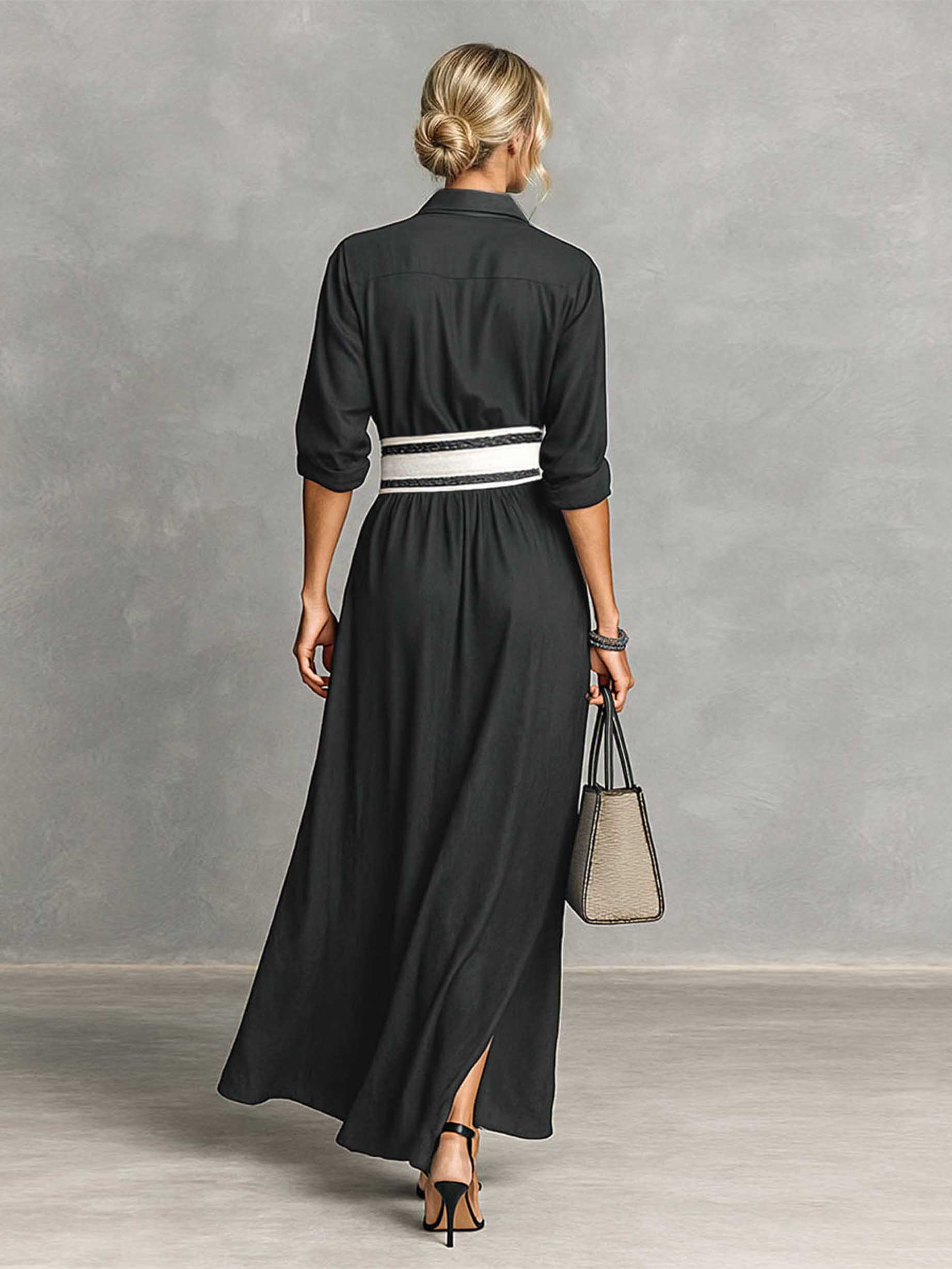 Casual Collared Single-Breasted Waist-Drawn Maxi Dress