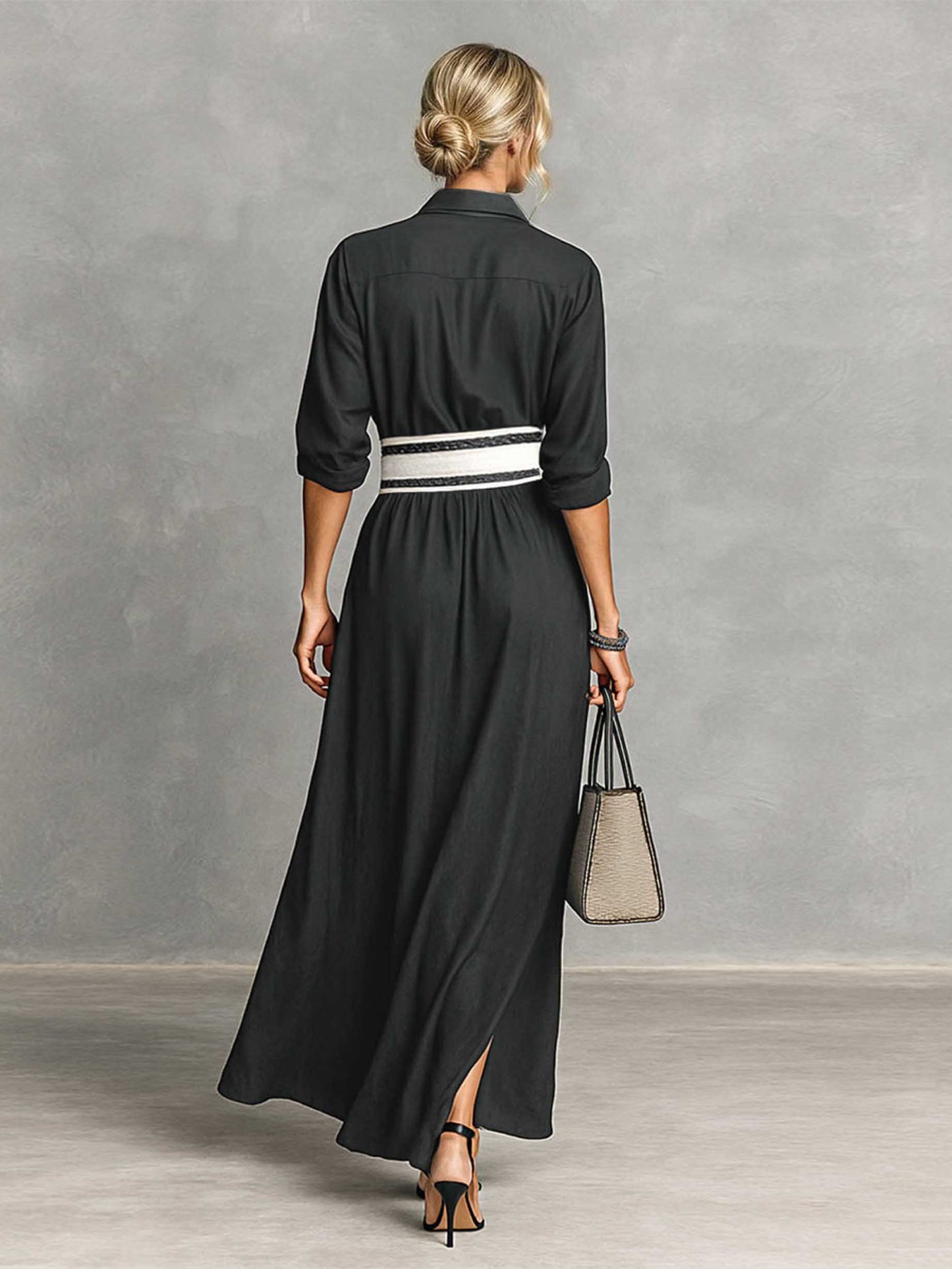 Casual Collared Single-Breasted Waist-Drawn Maxi Dress