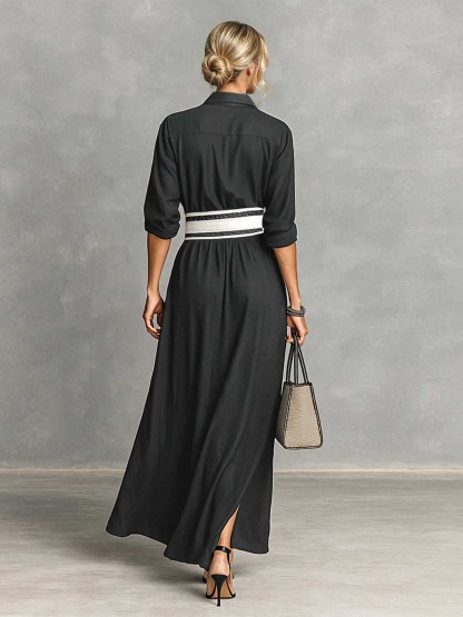 Casual Collared Single-Breasted Waist-Drawn Maxi Dress