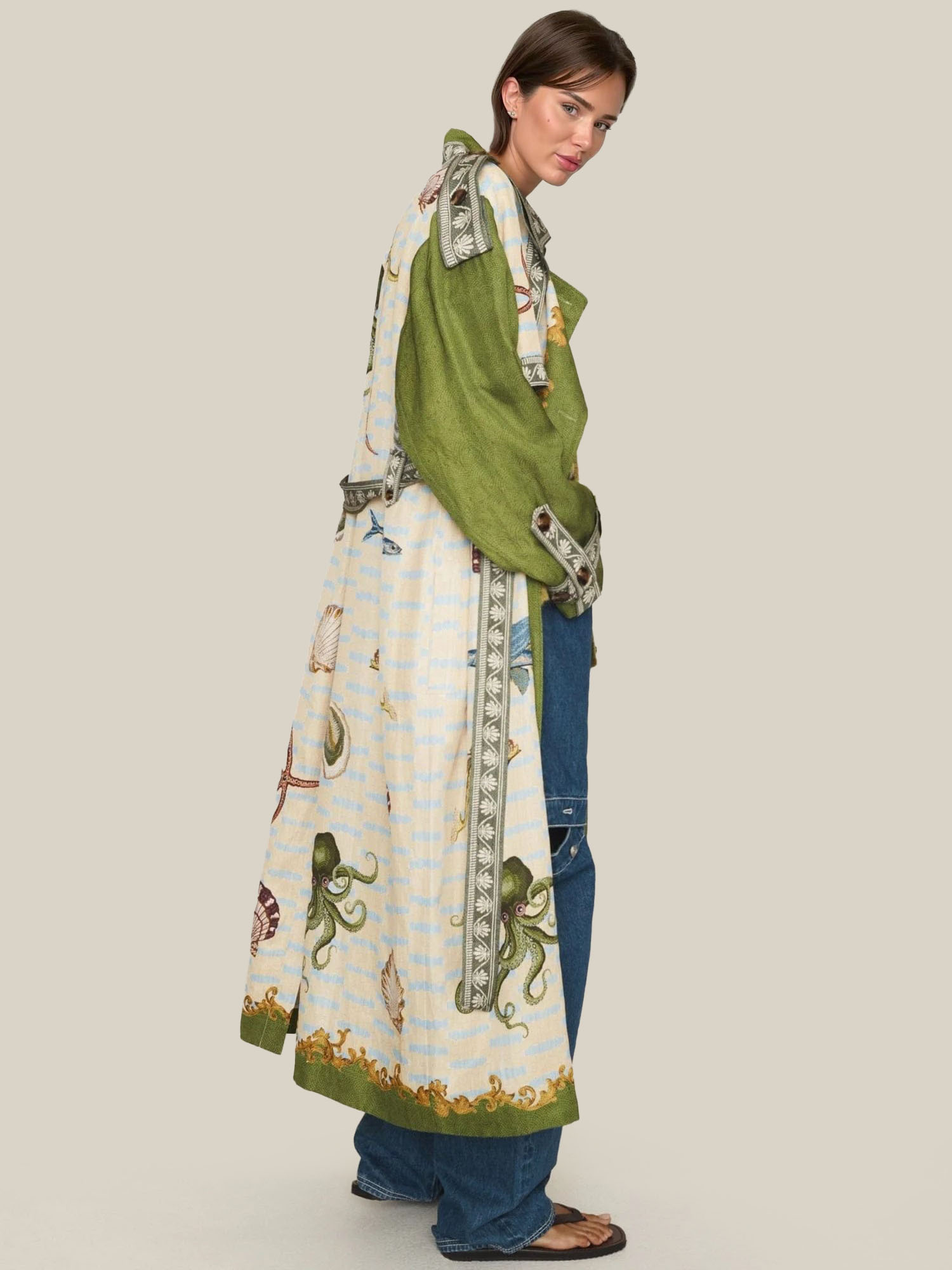 Unique Deep Sea Floral Print Loose Long Trench Coat