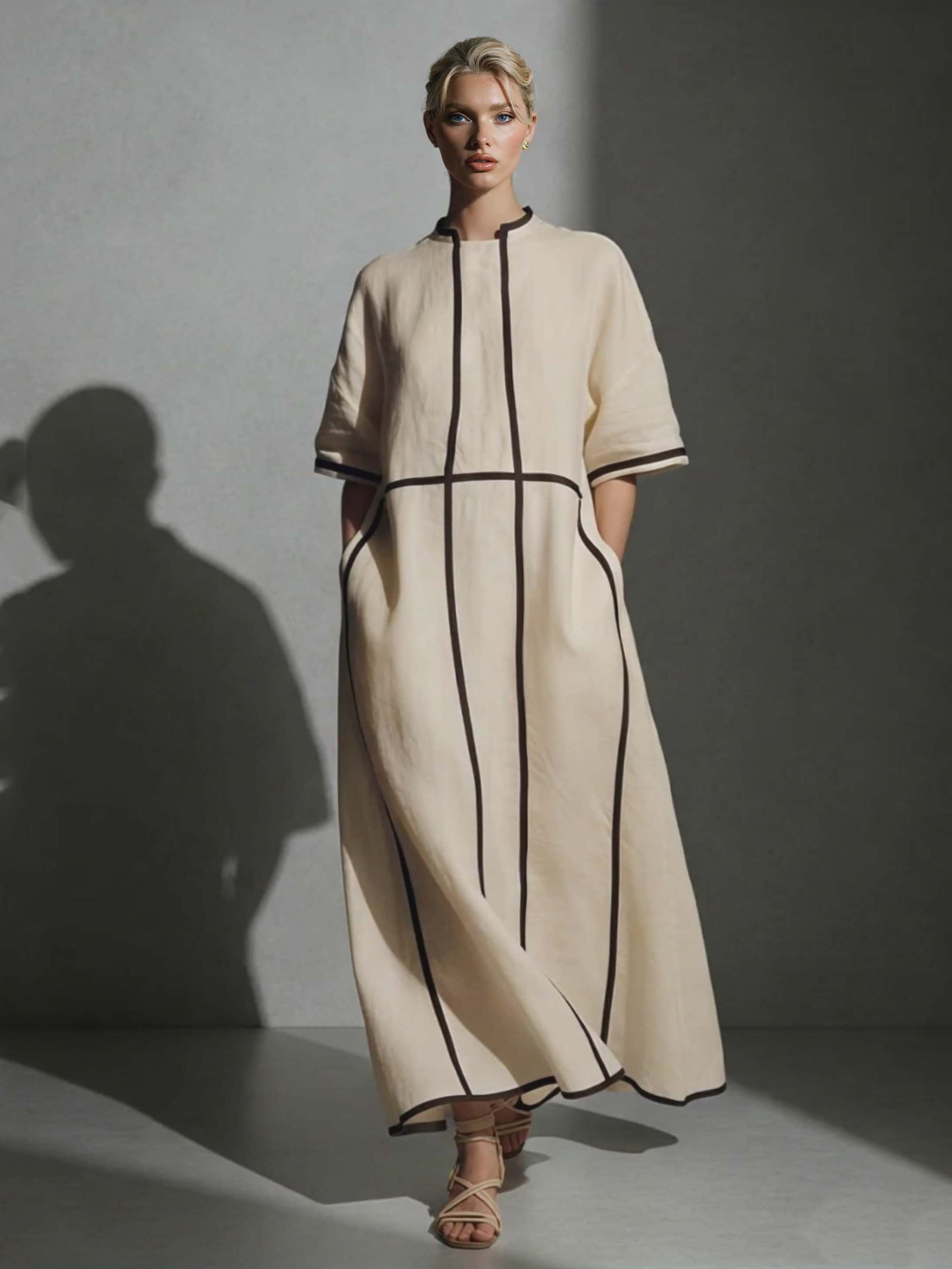 Minimalist Beige Linen Black Piping Midi Dress