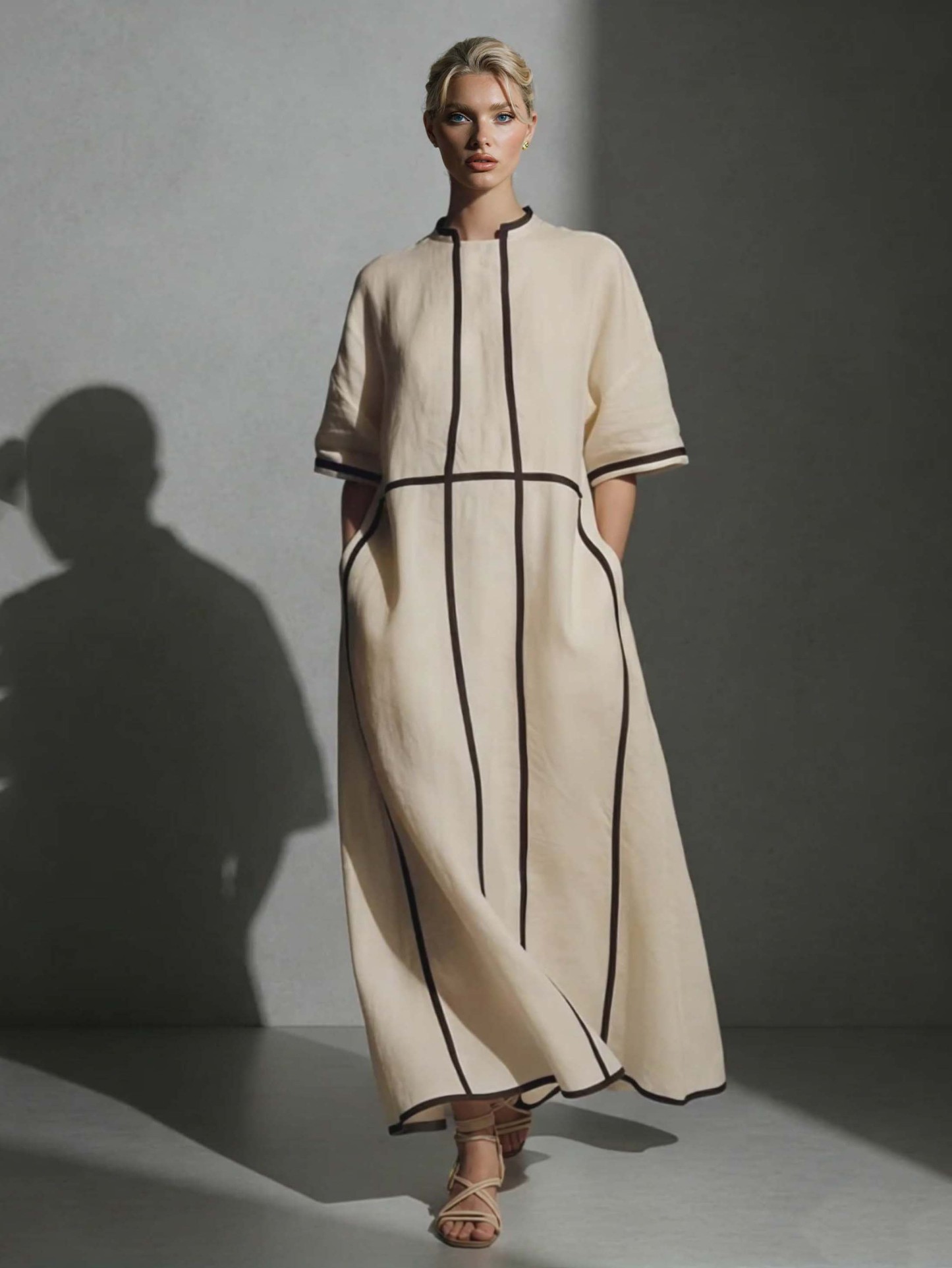 Minimalist Beige Linen Black Piping Midi Dress