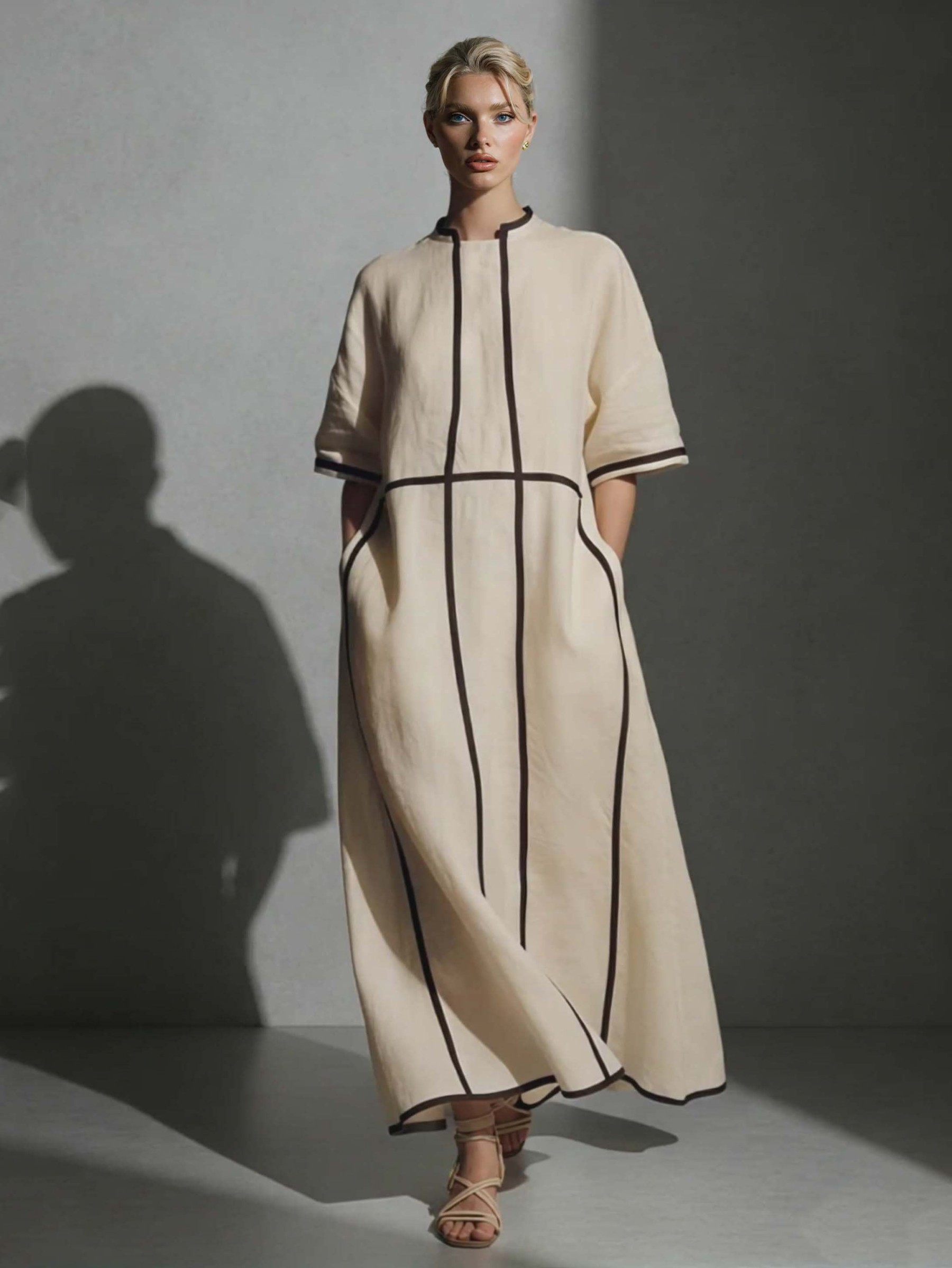 Minimalist Beige Linen Black Piping Midi Dress