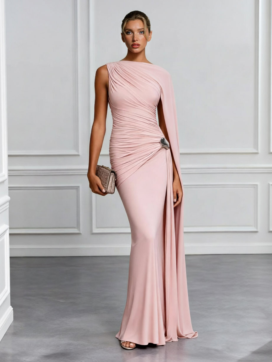 Elegant One-Shoulder Ruched High-Slit Maxi Dress