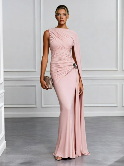 Elegant One-Shoulder Ruched High-Slit Maxi Dress