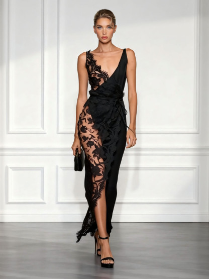 Sexy Lace-Trim Deep V-Neck High-Slit Maxi Dress