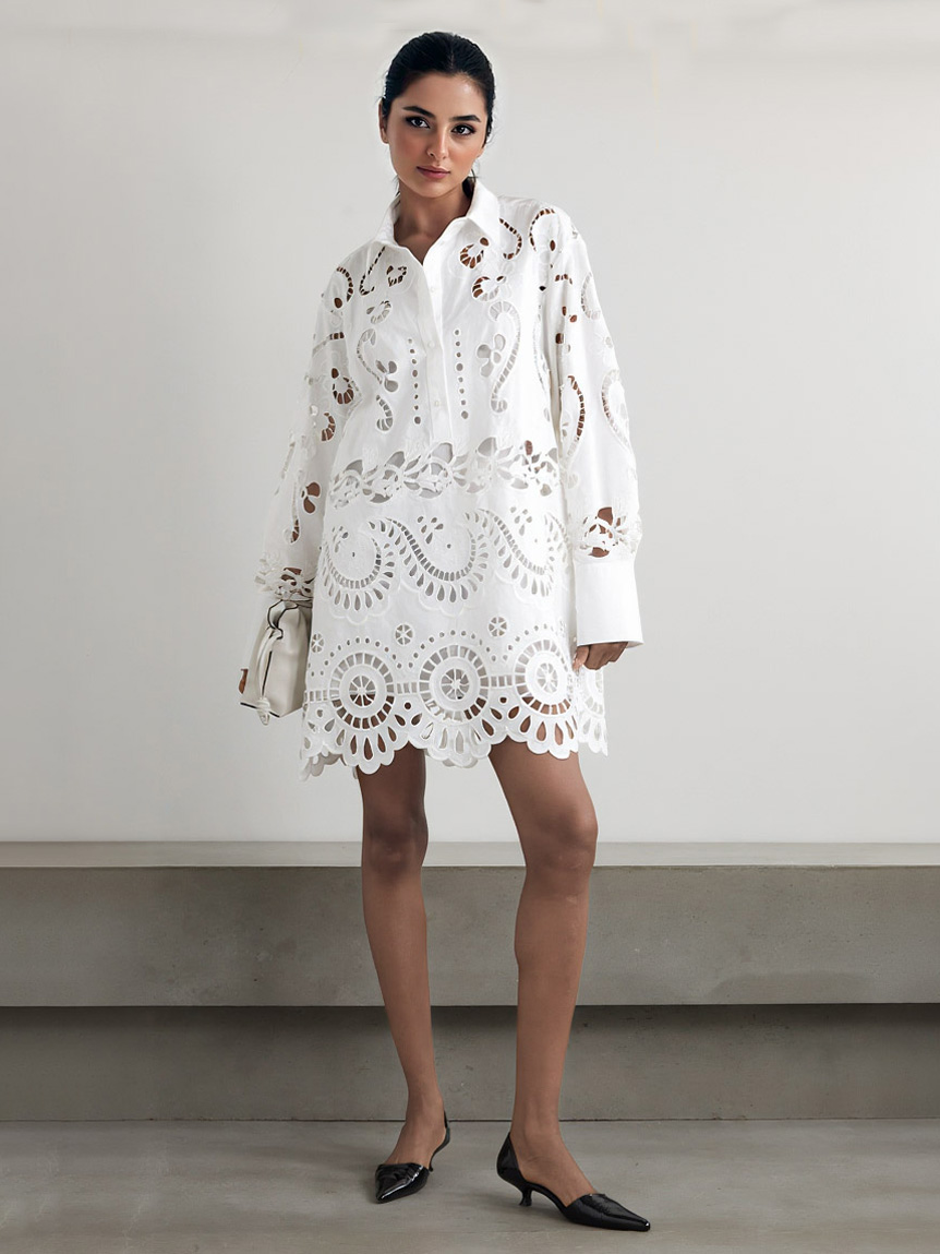 Exquisite Relaxed-Fit Cutout Lace Shirt Dress