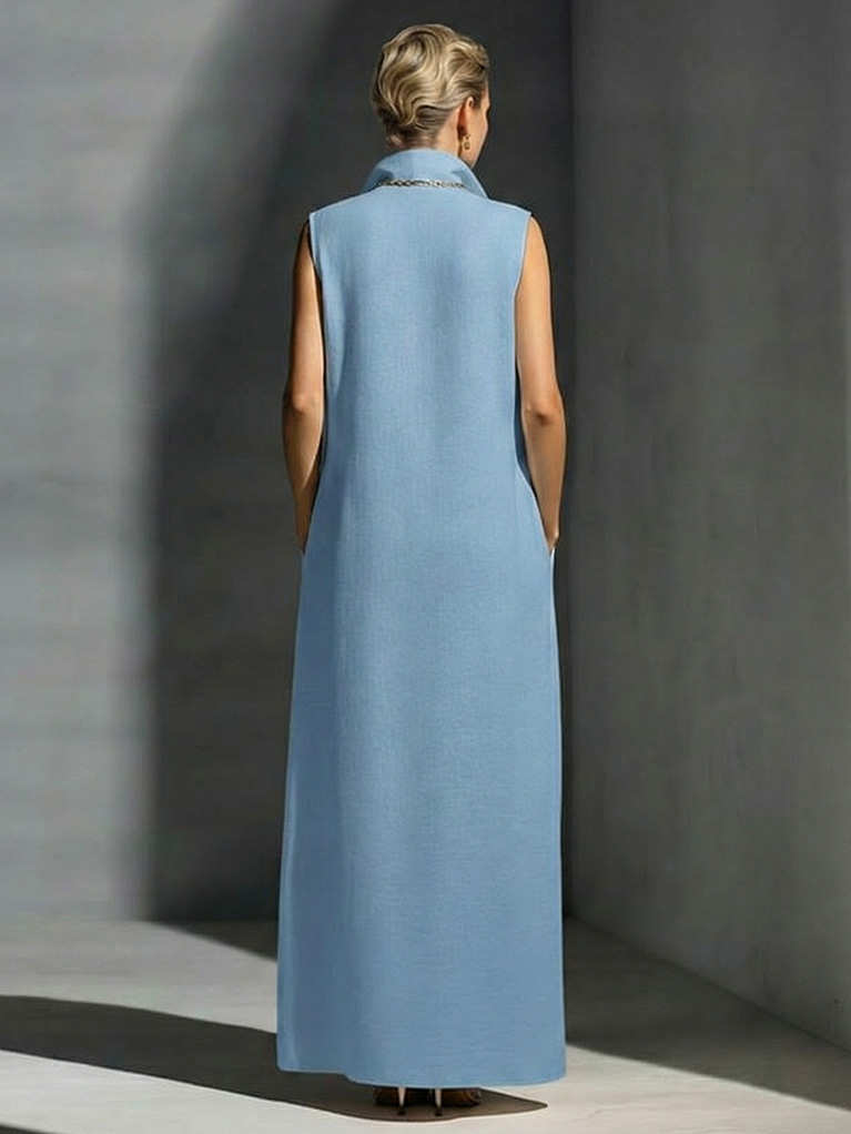 Elegant Sleeveless Deep V-Neck Contrast-Trim Maxi Dress