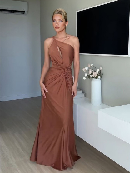 Sexy One-Shoulder Ruched Keyhole Maxi Dress