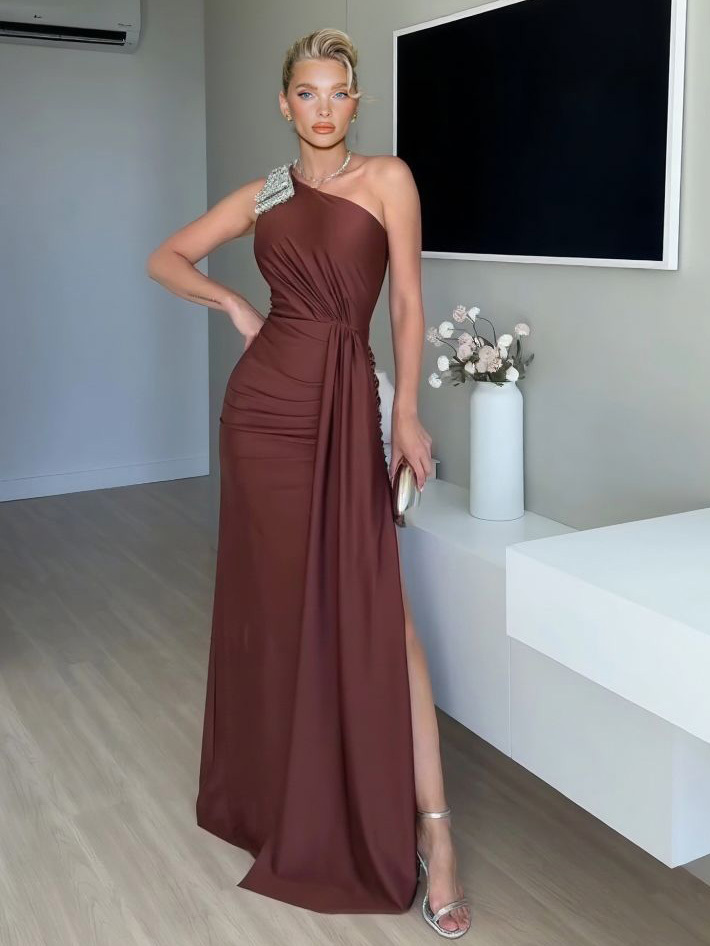 Elegant One-Shoulder Embellished Maxi Dress