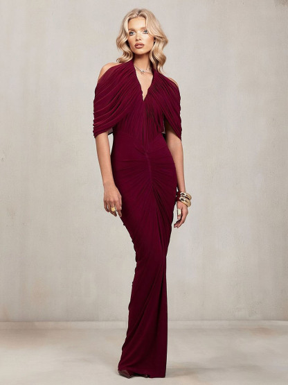Ruched Draped Cape Sleeve Maxi Dress