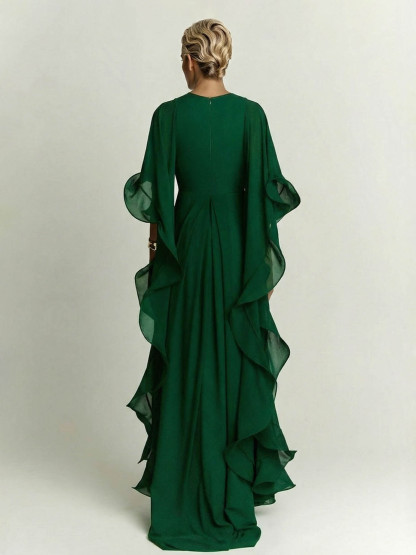 Elegant Draped Head Sleeve Chiffon Maxi Dress