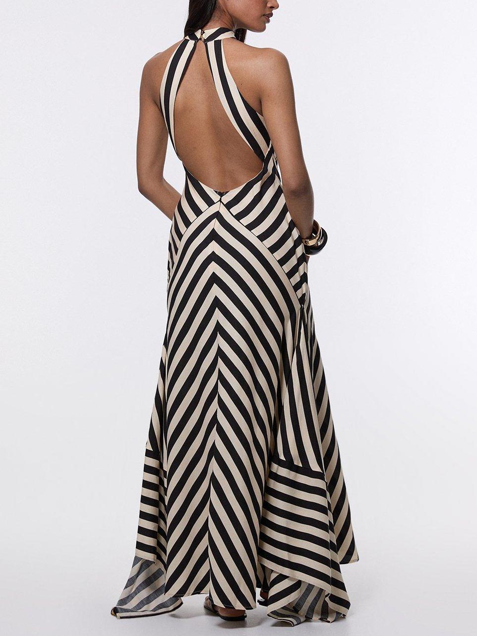 Open Back Asymmetric Striped Print Maxi Dress