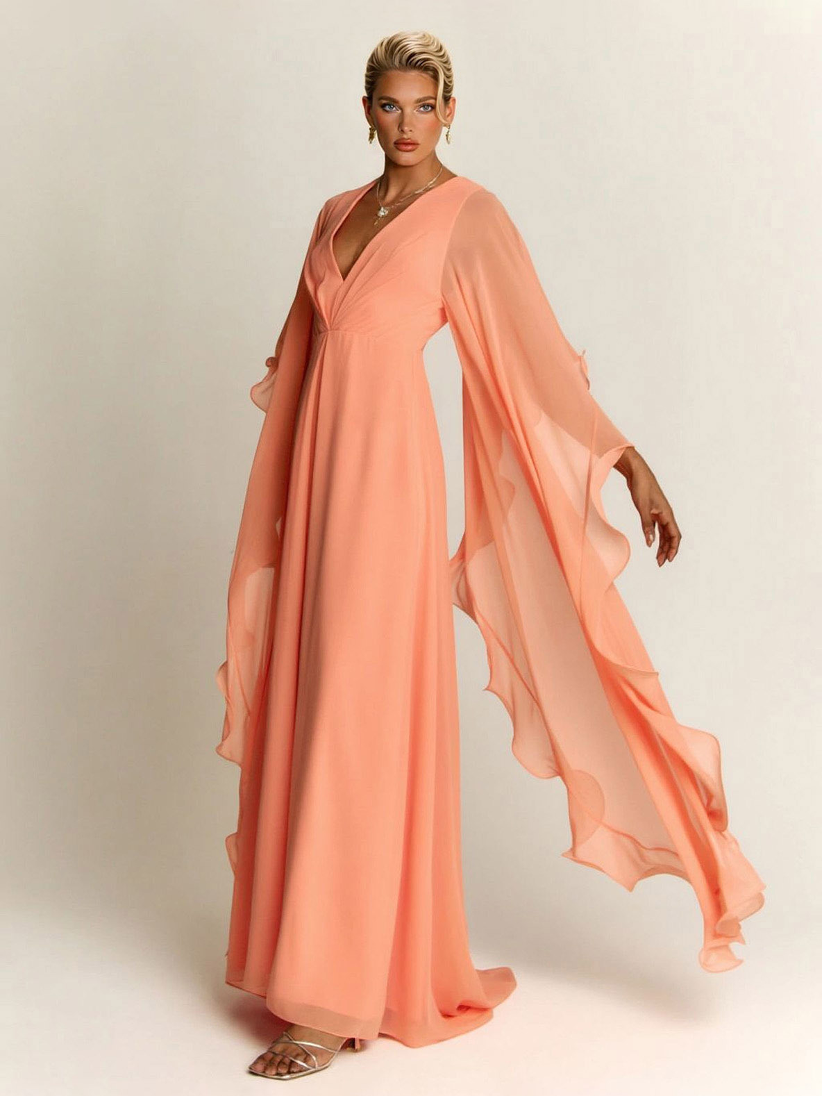 Elegant Draped Head Sleeve Chiffon Maxi Dress