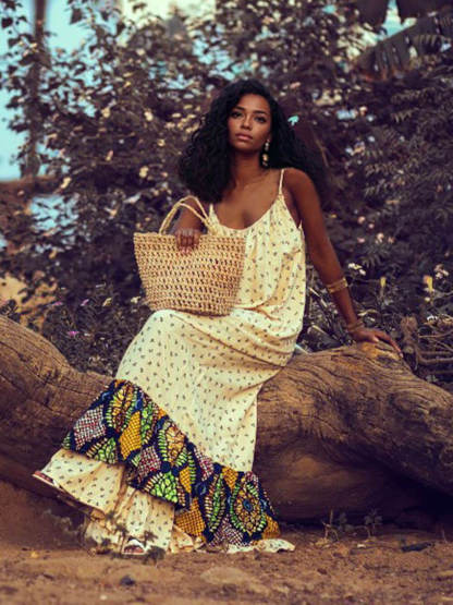 Bohemian Patchwork Print Off-Shoulder Vacation Maxi Dress