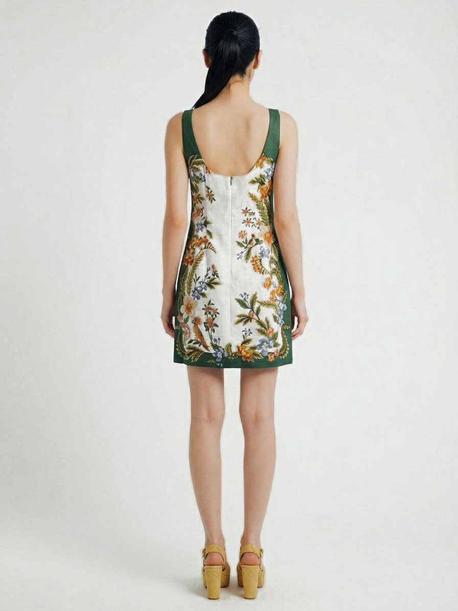 Elegant Floral Print Contrast-Trim Mini Dress