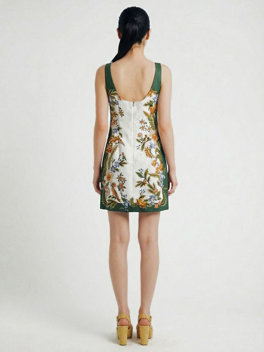 Elegant Floral Print Contrast-Trim Mini Dress