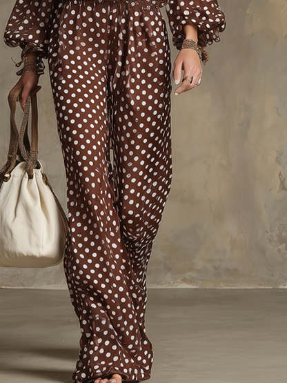 Retro Bohemian Polka Dot Off-Shoulder Pants Two-Piece Set