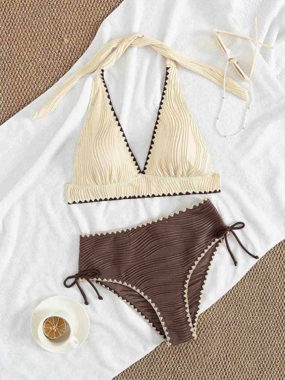 Retro Two-Tone High-Waisted Bikini Set
