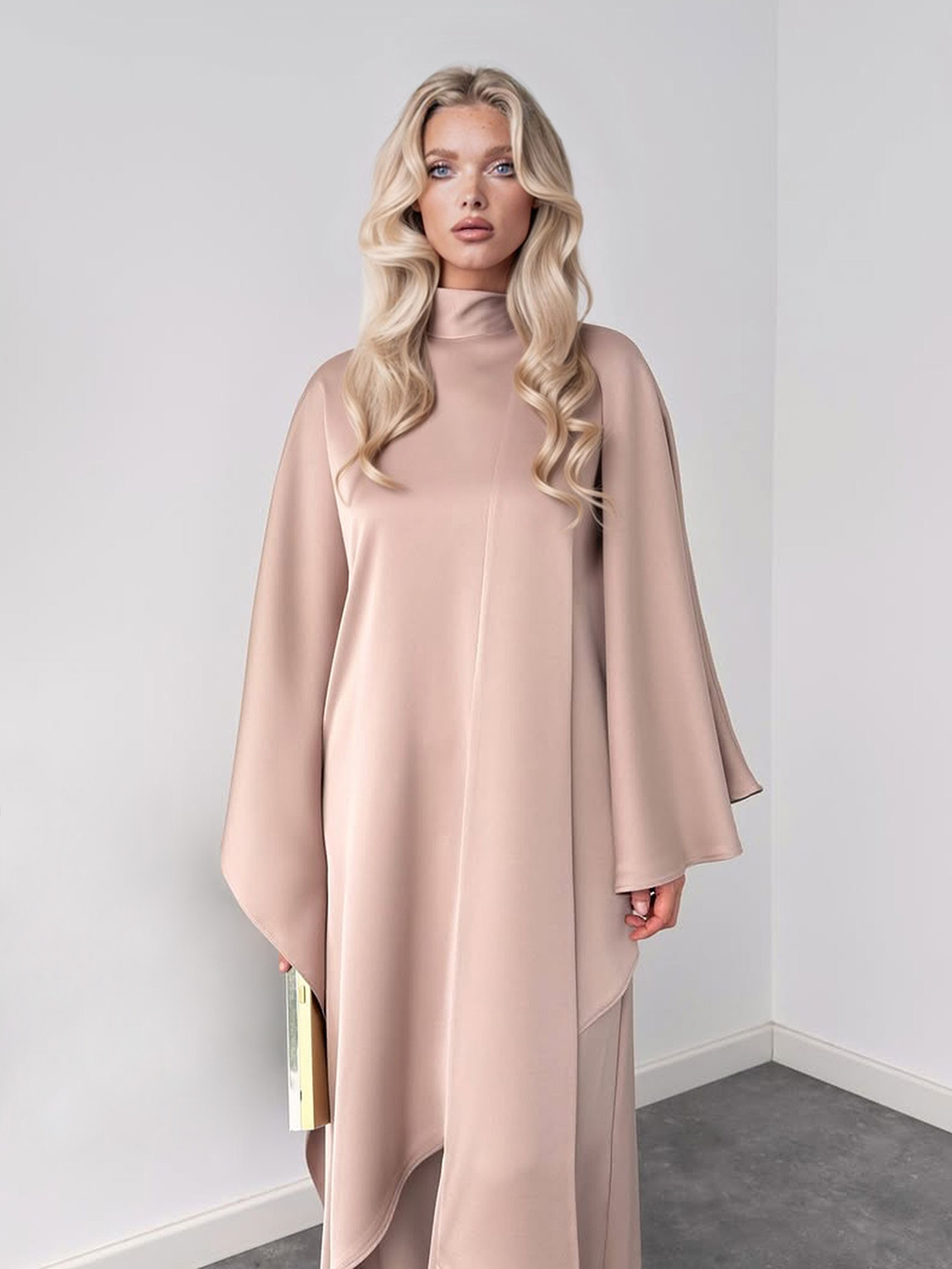 Elegant High-Neck Draped Top And Wide-Leg Pants Set