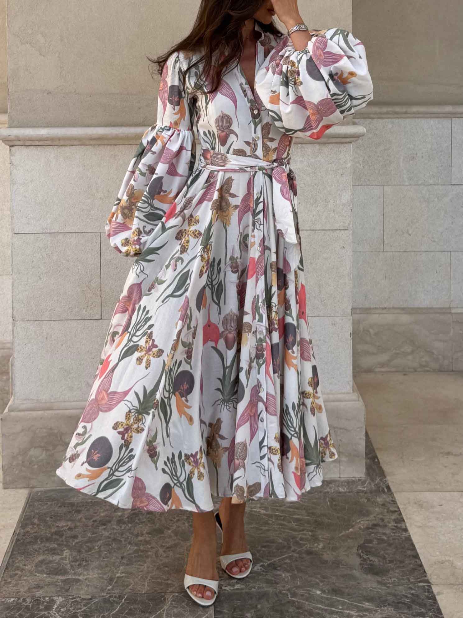 Elegant Botanical Floral Print Midi Dress
