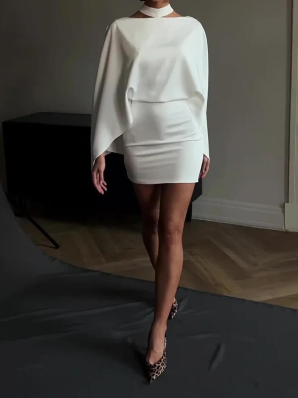 Elegant Backless Cape Mini Dress