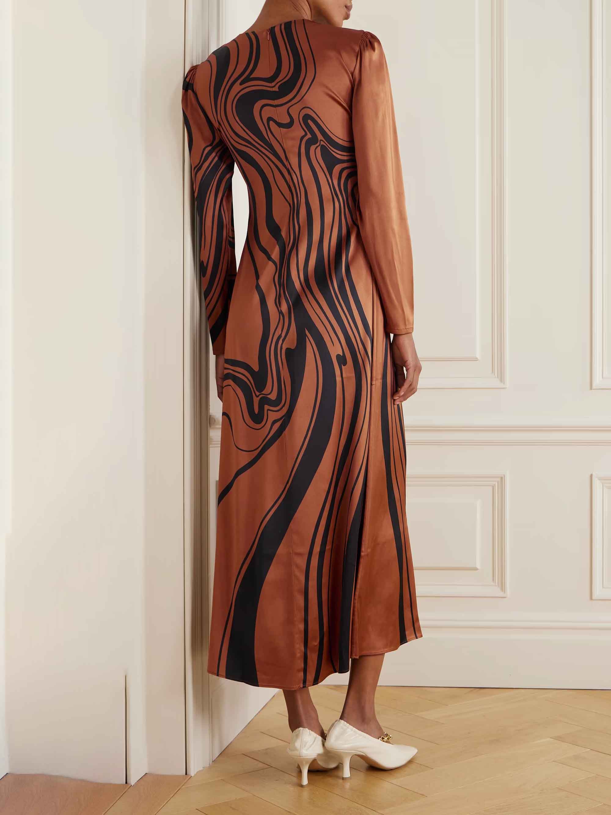 Delicate Floral Wave-print Satin Midi Dress