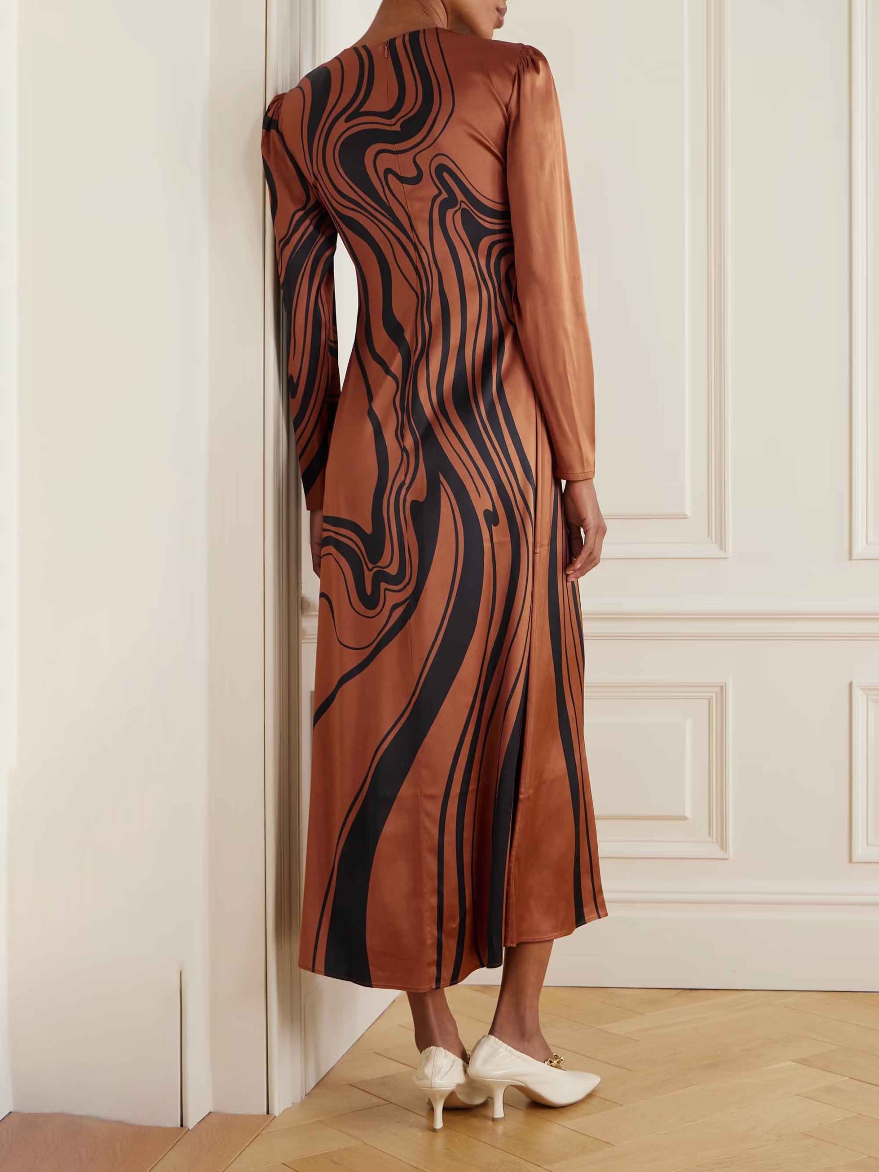 Delicate Floral Wave-print Satin Midi Dress