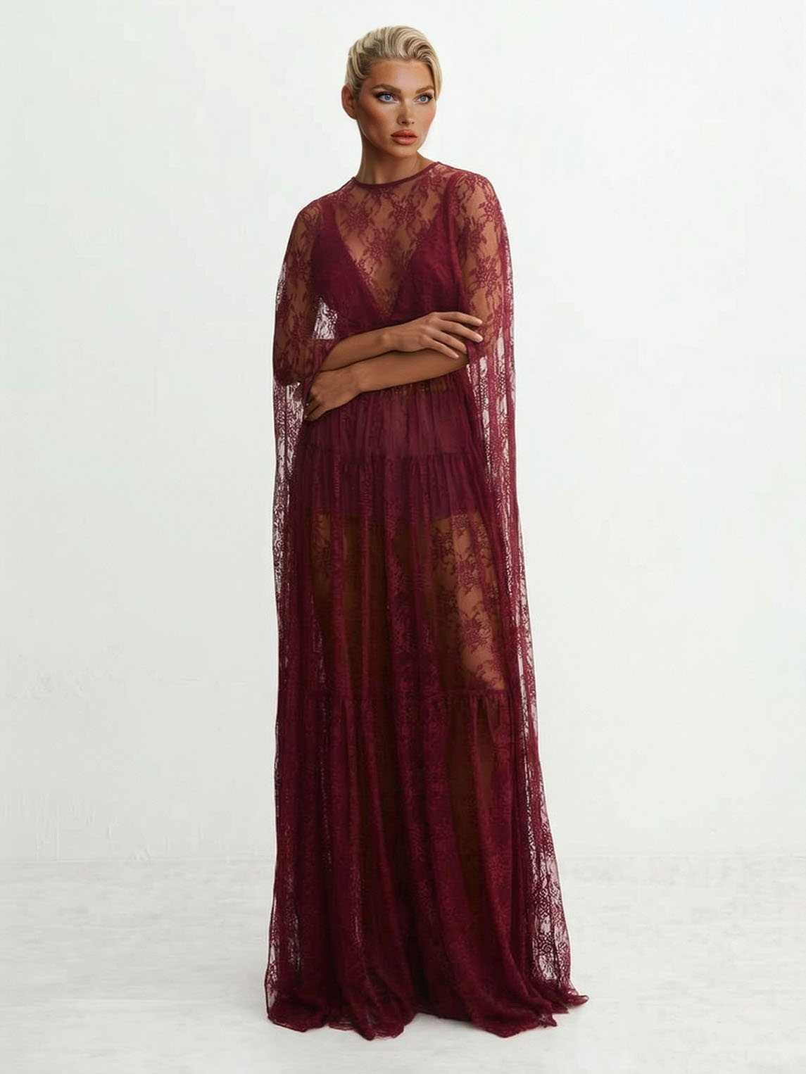 Elegant Tulle Lace Shawl Sleeve Maxi Dress