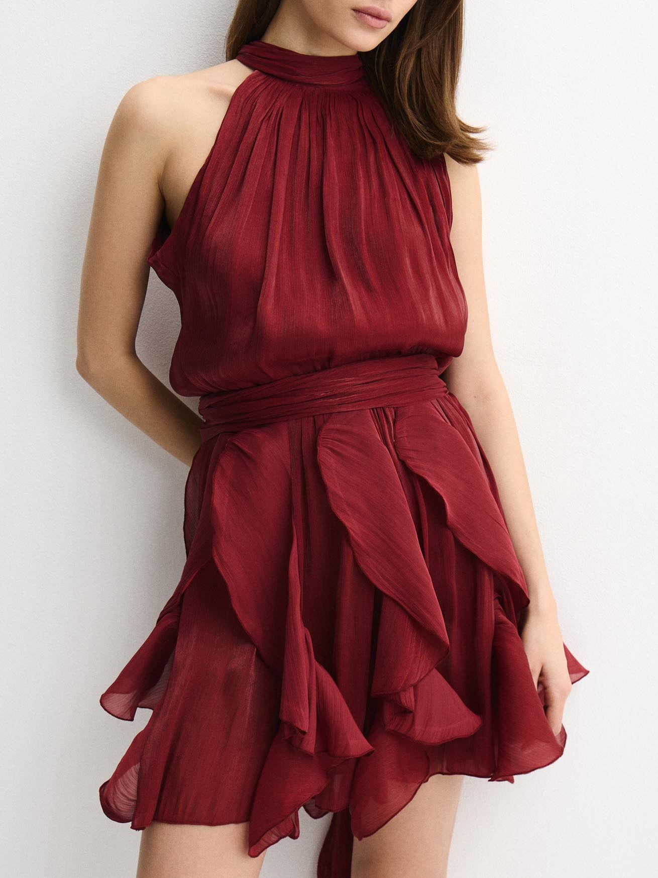Elegant Shimmer Ruched Tiered Ruffle Mini Dress