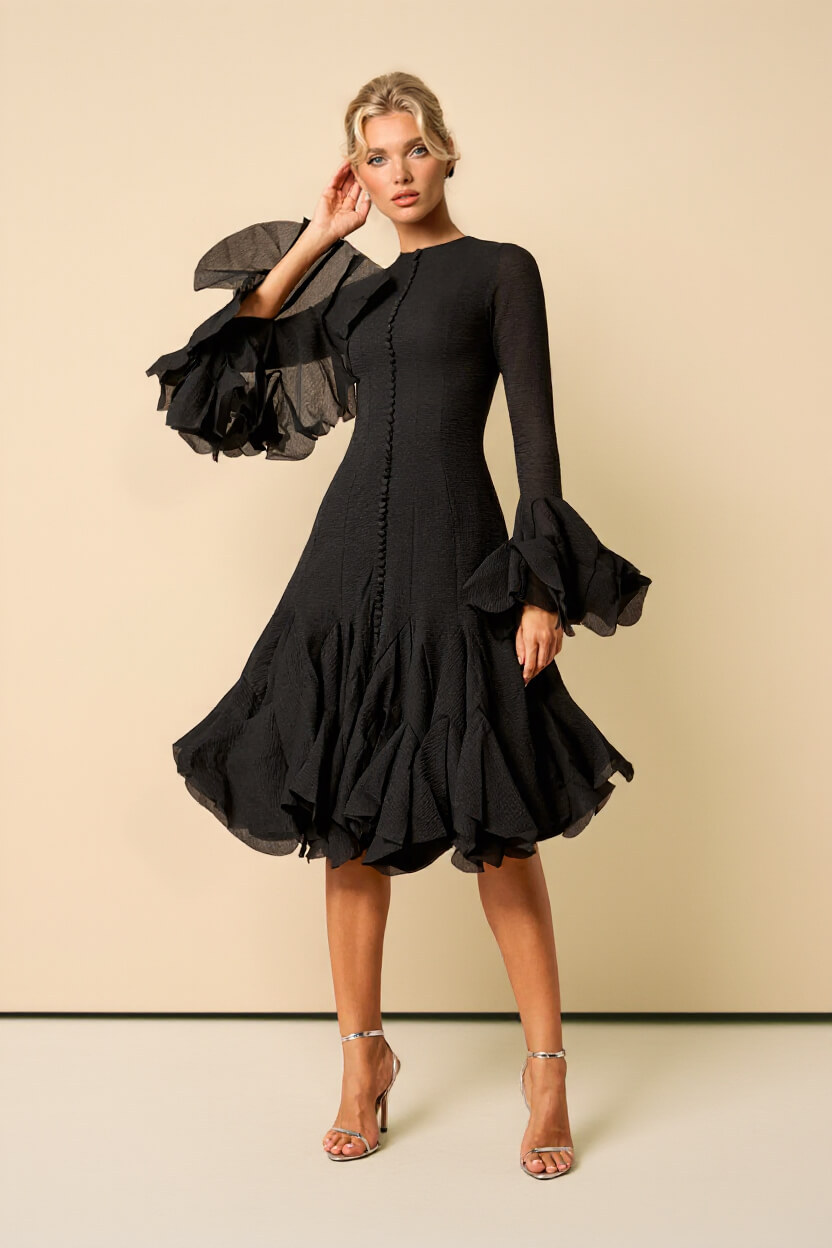 Elegant Black Ruffle-Trimmed Bell Sleeve Midi Dress